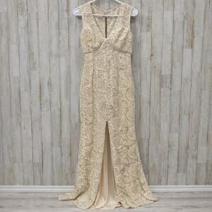 Aidan Mattox Champagne V Neck Lace Mid Slit Dress Maxi Formal Wedding Guest 4